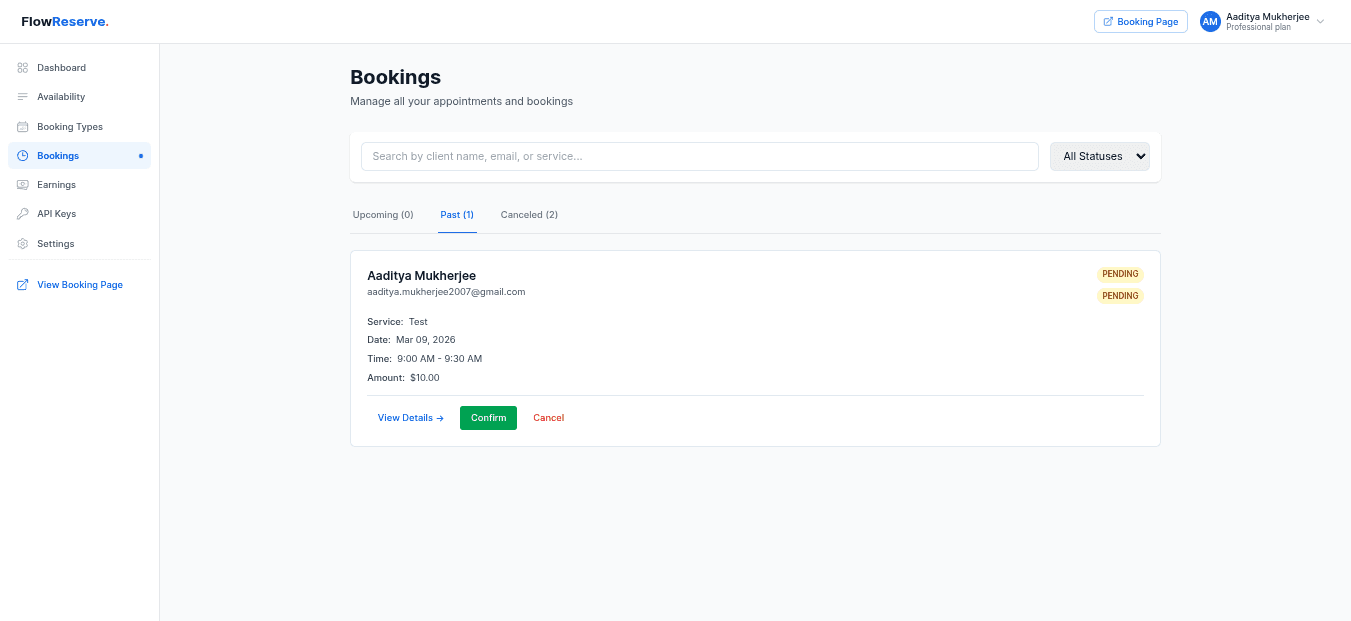 Bookings list with client details and status