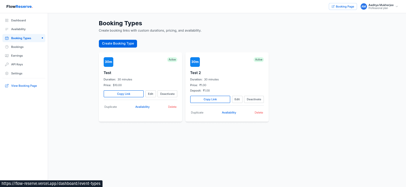 Booking types management with pricing and duration